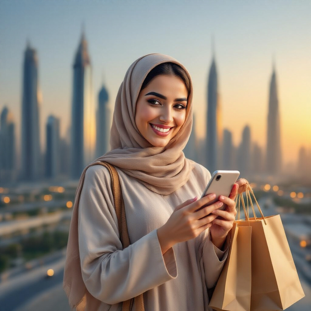 Create a realistic image of a satisfied Arab woman in Dubai holding Noon shopping bags, smiling at her smartphone showing the Noon app, with modern skyscrapers in the background, warm sunset lighting, conveying convenience and satisfaction with online shopping.
